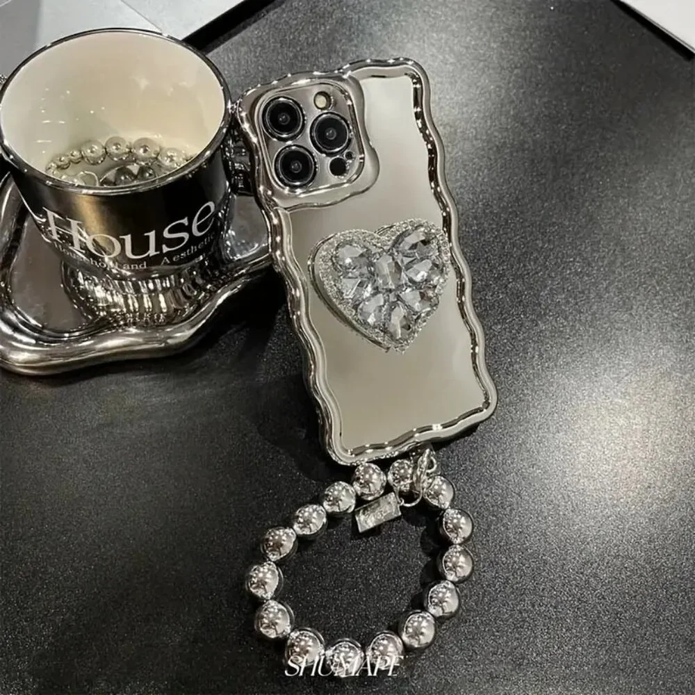 iPhone Plus Pro Max 14 13 12 11 Case- Silvery Mirror Rhinestone Stand Design